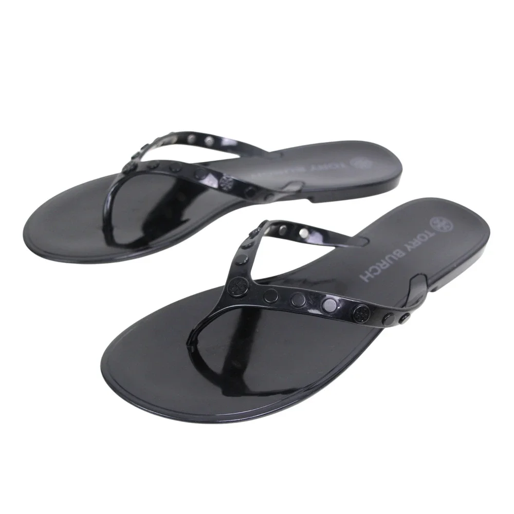 Tory Burch BLACK PVC FLAT BEACH SHOES FLIP FLOPS TONG SANDALS Sz 11
